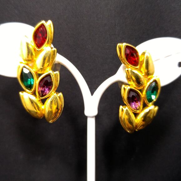 Vintage Swarovski Leaf Earrings, Gold Plated Red Green Purple Rhinestones, 1990s - Picture 2 of 10
